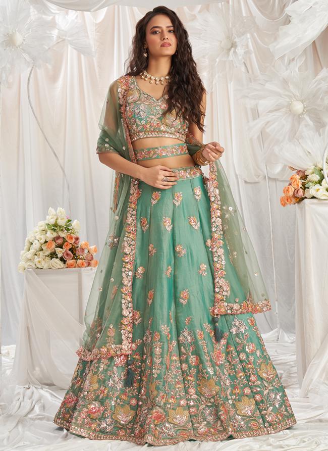 Organza Lime Green Wedding Wear Sequins Work Lehenga Choli